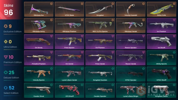 AP - LVL 136 - Unranked - 5 Knifes - 96 Skins (~30,800 VP) Striker Knife, Glitchpop Axe, Glitchpop Frenzy, Songsteel, Velocity Karambit, RGX 11z