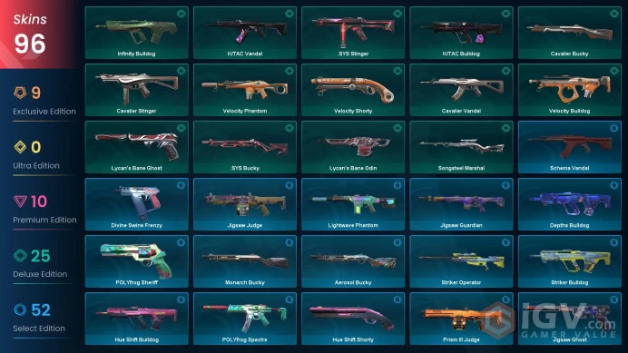 AP - LVL 136 - Unranked - 5 Knifes - 96 Skins (~30,800 VP) Striker Knife, Glitchpop Axe, Glitchpop Frenzy, Songsteel, Velocity Karambit, RGX 11z