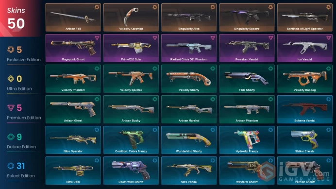 AP - LVL 265 - Unranked - 2 Knifes - 50 Skins (~15,400 VP) Sentinels of Light Operator, Artisan Foil, Singularity Spectre, Velocity Karambit, Si