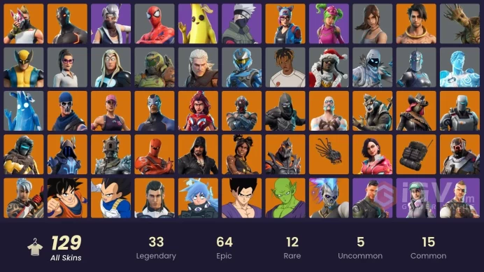 129 skins | Sasuke Uchiha | Omega | Ride The Pony | Sentinel | Ruin | Ragnarok | Zenith | The Ageless | Calamity | Piccolo | The Scientist