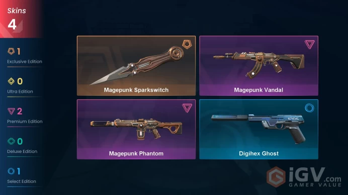 AP - LVL 51 - Unranked - 1 Knife - 4 Skins (~7,900 VP) Magepunk Sparkswitch, Magepunk Vandal, Magepunk Phantom