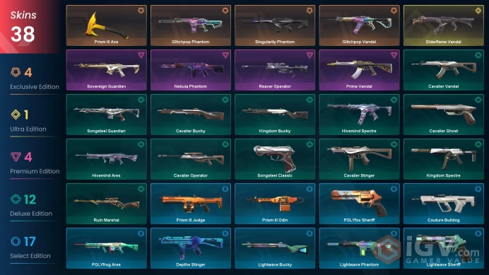 AP - LVL 19 - Unranked - 1 Knife - 38 Skins (~16,100 VP) Elderflame Vandal, Prism III Axe, Glitchpop Vandal, Singularity Phantom