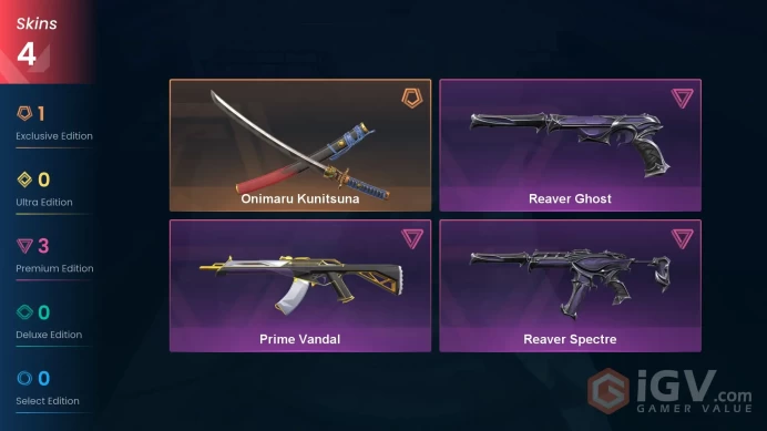 EU - LVL 38 - Unranked - 1 Knife - 4 Skins (~10,675 VP) Onimaru Kunitsuna, Prime Vandal