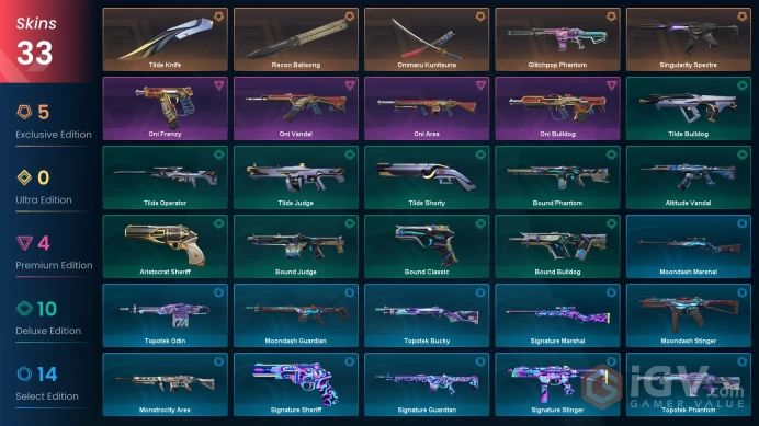 EU - LVL 45 - Unranked - 3 Knifes - 33 Skins (~22,900 VP) Recon Balisong, Onimaru Kunitsuna, Glitchpop Phantom, Oni Vandal