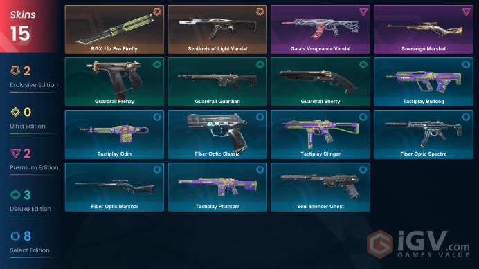 EU - LVL 53 - Unranked - 1 Knife - 15 Skins (~10,075 VP) Sentinels of Light Vandal, RGX 11z Pro Firefly, Gaia's Vengeance Vandal