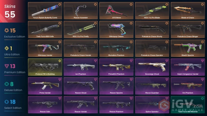 EU - LVL 71 - Unranked - 7 Knifes - 55 Skins (~63,900 VP) Reaver Karambit, Glitchpop Vandal, Blade of Chaos, RGX 11z Pro Blade, Task Force 809 K