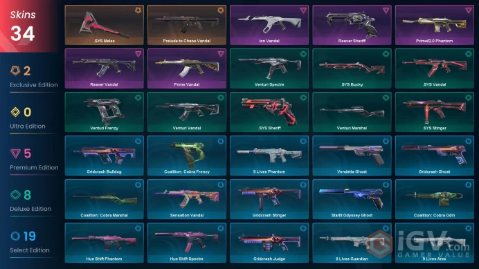 EU - LVL 85 - Unranked - 1 Knife - 34 Skins (~11,925 VP) SYS Melee, Prelude to Chaos Vandal, Reaver Sheriff, Reaver Vandal, Prime Vandal, Prime2