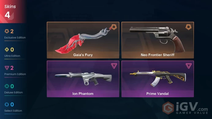 AP - LVL 48 - Unranked - 1 Knife - 4 Skins (~9,275 VP) Neo Frontier Sheriff, Gaia's Fury, Prime Vandal, Ion Phantom