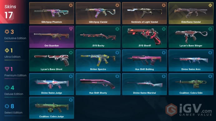 EU / 17 Skins / Elderflame Vandal / Sentinels of Light Vandal / Glitchpop Vandal / Oni Guardian + 114 Skins LOL / EUW / V123