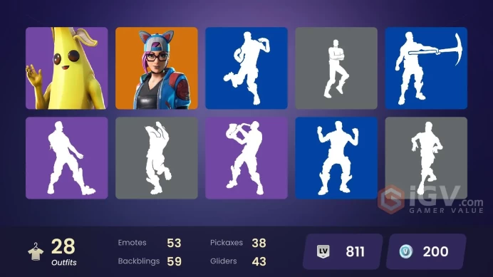 28 skins | Calamity | Luxe | The Ice King | Hybrid | A.I.M. | Blackheart | Rox | Ruin | The Prisoner | Sentinel | Lynx | Zenith | Polar Peely