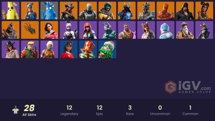 28 skins | Calamity | Luxe | The Ice King | Hybrid | A.I.M. | Blackheart | Rox | Ruin | The Prisoner | Sentinel | Lynx | Zenith | Polar Peely