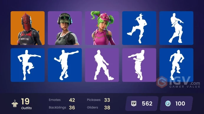 19 skins | Take The L | Trailblazer | Reaper | Ride The Pony | Snowflake | Rex | Dark Voyager | Red Knight | Carbide | Moonwalker | Battlehawk