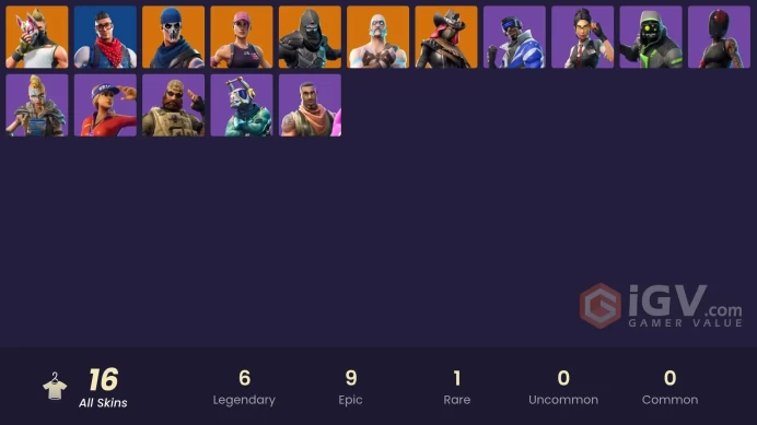 16 skins | Tidy | Ride The Pony | Prodigy | Blue Striker | Enforcer | Calamity | Drift | Ragnarok | Rook | Sledgehammer | Huntress | Archetype