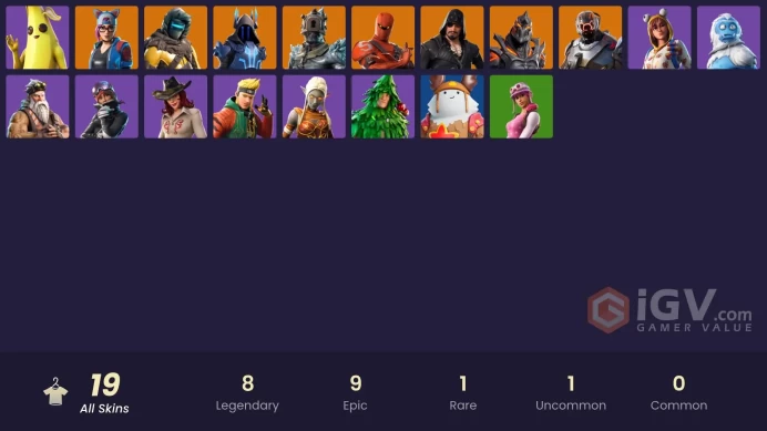 19 skins | The Ice King | Hybrid | The Scientist | Blackheart | Ruin | The Prisoner | Lynx | Zenith | Peely | Ember | Master Key | Powder
