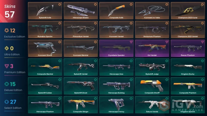 EU / 57 Skins / 4 Knives / Oni / Ruiniation / Reaver / Primordium / Kuronami / Celestia / Champions / Nocturnum / Cryostasis / Digihex / XB38