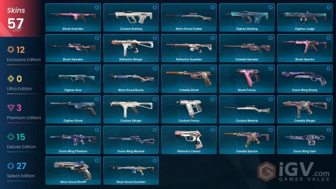 EU / 57 Skins / 4 Knives / Oni / Ruiniation / Reaver / Primordium / Kuronami / Celestia / Champions / Nocturnum / Cryostasis / Digihex / XB38