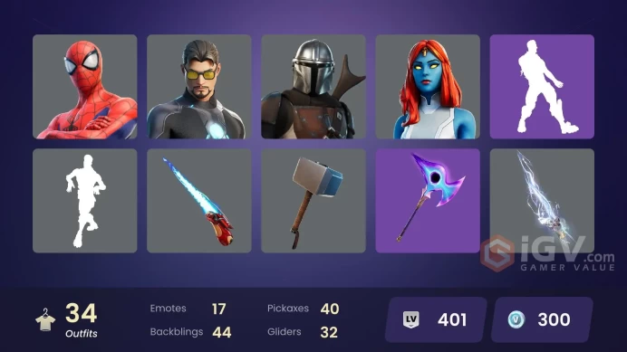 34 skins | Gear Specialist Maya | Ronin | Cyclo | Kymera | Predator | Midas Rex | Mandalorian | Groot | Spider-Man | Tony Stark | Silver Surfer