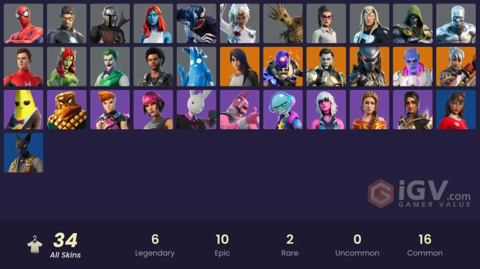 34 skins | Gear Specialist Maya | Ronin | Cyclo | Kymera | Predator | Midas Rex | Mandalorian | Groot | Spider-Man | Tony Stark | Silver Surfer