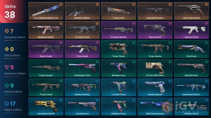 LATAM |38 Skins | Blackthorn Blades | Yoru's Stylish Butterfly Comb Kuronami Vandal | Mystbloom Vandal | Singularity Phantom | Neo Frontier Sher