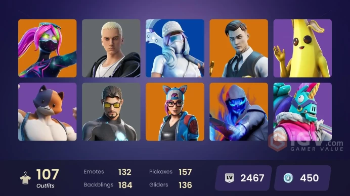 107 skins [All Platforms] Eon | Lara Croft | Reaper | Peely | Meowscles | Take The Elf | Gold Midas | 450 VB | Instant Delivery