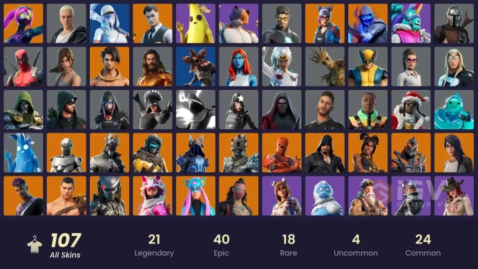 107 skins [All Platforms] Eon | Lara Croft | Reaper | Peely | Meowscles | Take The Elf | Gold Midas | 450 VB | Instant Delivery
