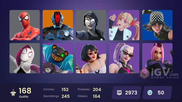 168 skins [All Platforms] Monarch | Spider-Man | Spider-Gwen | Geralt of Rivia | Peter Griffin | Twyn | 50 VB | Instant Delivery
