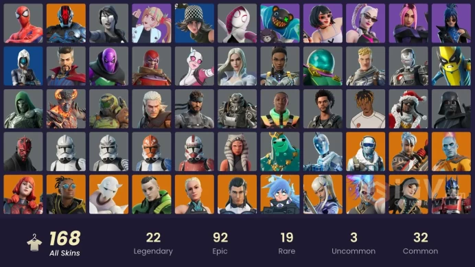 168 skins [All Platforms] Monarch | Spider-Man | Spider-Gwen | Geralt of Rivia | Peter Griffin | Twyn | 50 VB | Instant Delivery