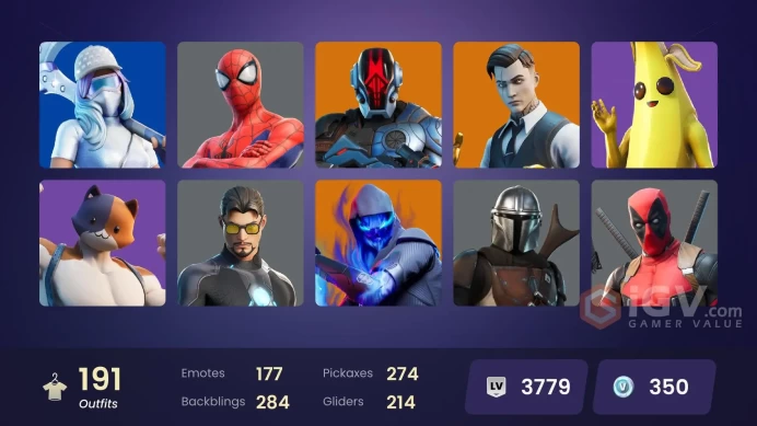 191 skins [All Platforms] Lara Croft | Joltara | Spider-Man | Peely | Geralt of Rivia | Take The Elf | 350 VB | Instant Delivery