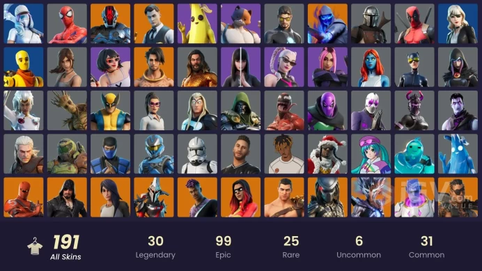 191 skins [All Platforms] Lara Croft | Joltara | Spider-Man | Peely | Geralt of Rivia | Take The Elf | 350 VB | Instant Delivery