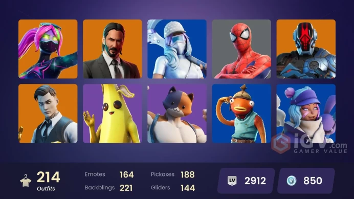 214 skins [All Platforms] Lara Croft | Reaper | Monarch | Spider-Man | Spider-Gwen | John Wick | Peely | 700 VB | Instant Delivery