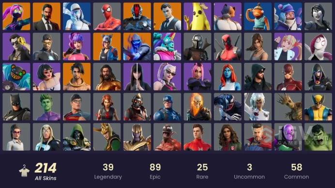 214 skins [All Platforms] Lara Croft | Reaper | Monarch | Spider-Man | Spider-Gwen | John Wick | Peely | 700 VB | Instant Delivery