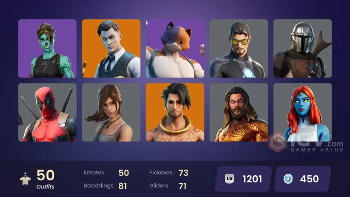 50 skins [All Platforms] Lara Croft | Reaper | Gold Midas | Gold Meowscles | Gold Brutus | Raz | Fade | 400 VB | Instant Delivery