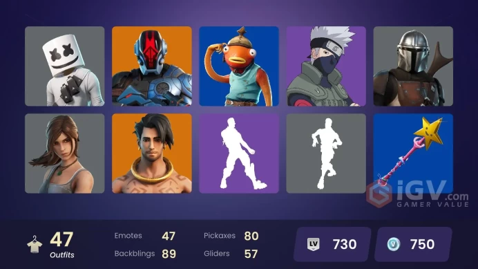 47 skins [All Platforms] Lara Croft | Naruto Uzumaki | Frankenstein's Monster | Menace | Kymera | Predator | 750 VB | Instant Delivery
