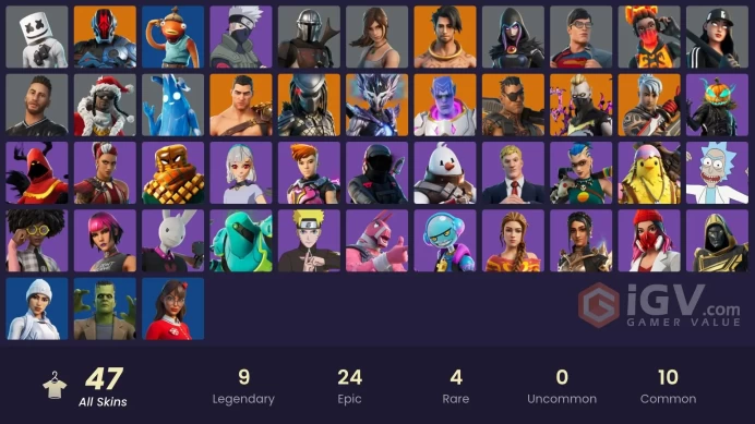 47 skins [All Platforms] Lara Croft | Naruto Uzumaki | Frankenstein's Monster | Menace | Kymera | Predator | 750 VB | Instant Delivery