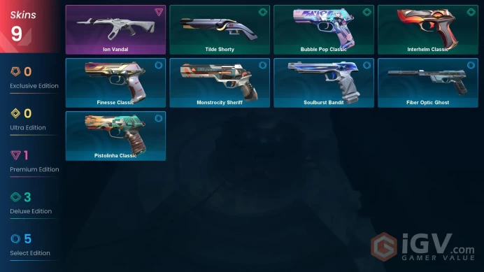 | LATAM | 9 SKINS | VALUE: 1775 VP | Ion Vandal | Tilde Shorty | PLATINUM 2 | 171 LEVEL | INSTANT DELIVERY | FULL ACCESS | FrHk3 |