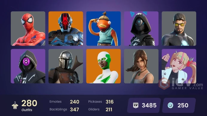 280 skins [All Platforms] Lara Croft | Dummy Supreme | Backlash | Spider-Man | Spider-Gwen | Geralt of Rivia | 250 VB | Instant Delivery
