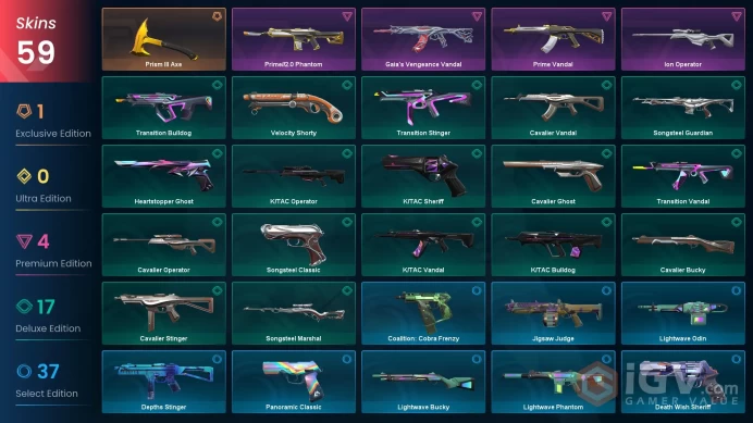 | AP | 1 KNIFE | 59 SKINS | VALUE: 7100 VP | Prism III Axe | Prime Vandal | RANKED READY | 200 LEVEL | INSTANT DELIVERY | FULL ACCESS | FltDQ |