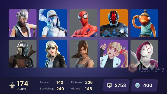 174 skins [All Platforms] Lara Croft | Unchained Ramirez | Game Knight | Spider-Man | Spider-Gwen | 400 VB | Instant Delivery