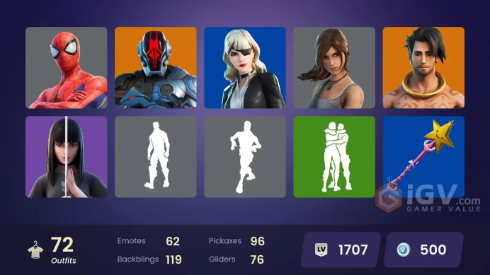 72 skins [All Platforms] Lara Croft | Spider-Man | Keri Commander | Shady Doggo | Raz | Spire Assassin | 500 VB | Instant Delivery