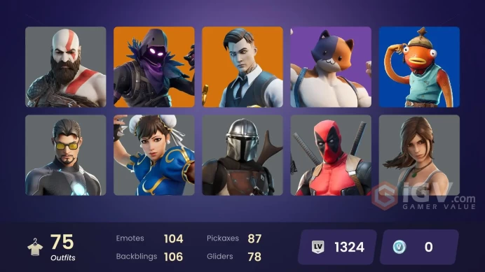 68 skins [All Platforms] Lara Croft | Chun-Li | Meowscles | Gold Kratos | Master Chief (Matte Black) | 0 VB | Instant Delivery