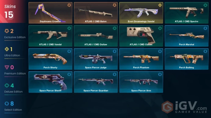 [Asia-Pacific] 15 SKINS | Evori Dreamwings Vandal |  Daydreams Crowbar  | ATLAS // CMD Baton ~ 4,225 VP Inventory value