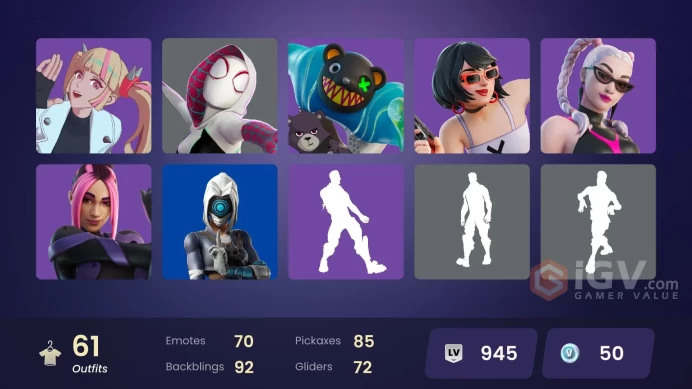 61 skins [All Platforms] Spider-Gwen | Geralt of Rivia | Shady Doggo | The Origin | Malik | The Imagined | 50 VB | Instant Delivery