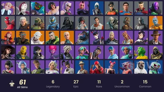 61 skins [All Platforms] Spider-Gwen | Geralt of Rivia | Shady Doggo | The Origin | Malik | The Imagined | 50 VB | Instant Delivery