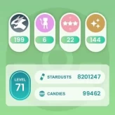 Level 71, 5 Legendary IV100, 144 Shiny, 199 Legendary, 22 IV 100, 5 Shiny Legendary, 47 Shadow Legendary