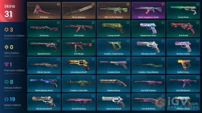 EU 31 skins | Recon Balisong | RGX 11z Pro Phantom | .SYS Melee | Gaia's Vengeance Vandal | Overlay Sheriff | Comet Ghost | .SYS Bucky | V0477