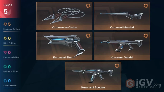 EU - LVL 36 - Unranked - 1 Knife - 5 Skins (~14,850 VP) Kuronami no Yaiba, Kuronami Vandal, Kuronami Spectre, Kuronami Marshal, Kuronami Sheriff