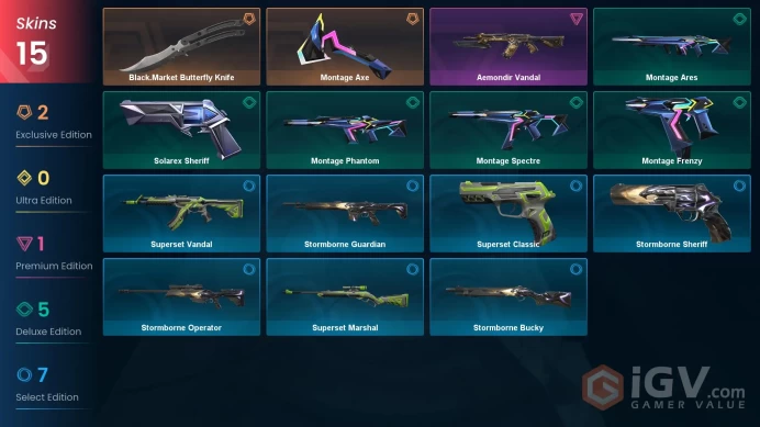 EU | 15 skins | Black.Market Butterfly Knife | Montage Axe | Aemondir Vandal | Montage Frenzy | Montage Spectre | Montage Ares | B4908