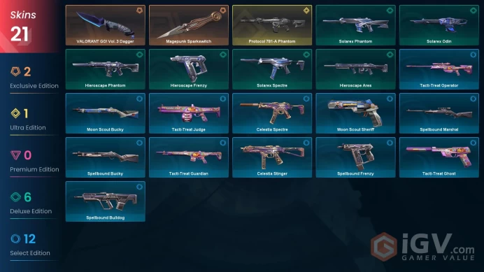EU | 21 skins | Protocol 781-A Phantom | Magepunk Sparkswitch | VALORANT GO! Vol. 3 Dagger | Hieroscape Frenzy | Solarex Phantom | N3723
