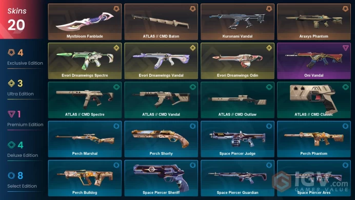 EU | 20 skins | Evori Dreamwings Vandal | Kuronami Vandal | Mystbloom Fanblade | Araxys Phantom | ATLAS // CMD Baton | J7315