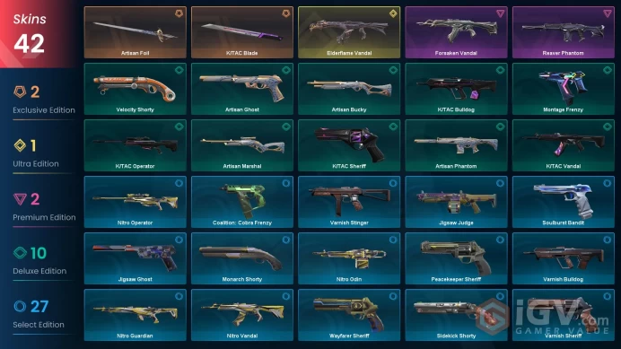 EU | 42 skins | Elderflame Vandal | Artisan Foil | K/TAC Blade | Reaver Phantom | Forsaken Vandal | K/TAC Vandal | Artisan Marshal | Y7145